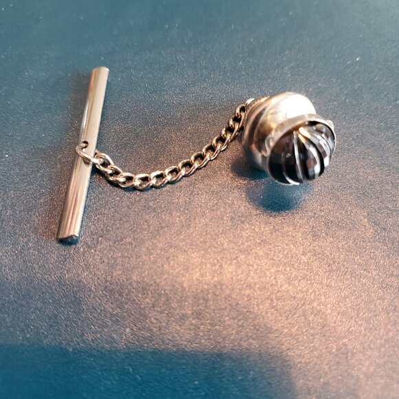 VTG Cufflinks & Tie Tack Signed Swank Black Hematite? Silver Tone Dome Faceted - Picture 7 of 7